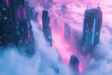 Wall Mural - Futuristic Cityscape Emerging Through Clouds