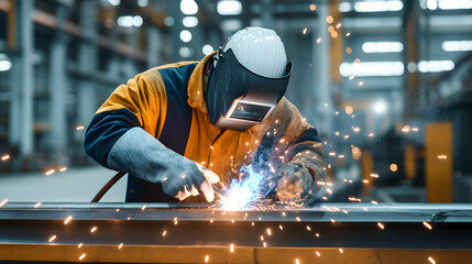 A steelworker welding metal parts with sparks around. Worker working in a steel factory.