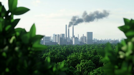 Industrial landscape with smoke, green foliage in foreground.