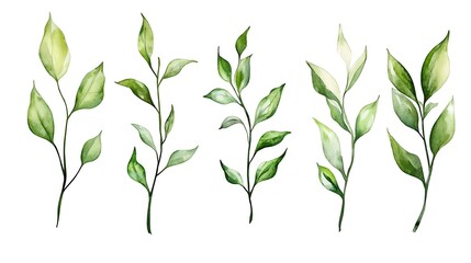 Wall Mural - A collection of watercolor illustrations of green leaves and branches.