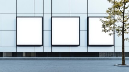 A clean row of three empty billboards on the exterior wall of a modern building, offering flexibility for advertising mockups or multi-campaign visuals in an urban setting.