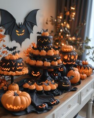 Wall Mural - Spooky Halloween Dessert Table with Black and Orange Treats