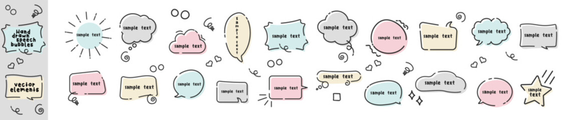 Aufkleber - Set of hand drawn speech bubbles and text. Frame, doodle, speech bubble, handwriting. Cloud textbox set. Speech bubbles in doodle minimalist style.