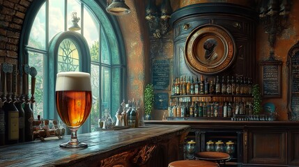 Wall Mural - Vintage Bar Interior with a Glass of Beer