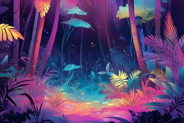 Wall Mural - A Vibrant Tropical Forest Scene with Glow-in-the-Dark Plants