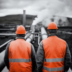 Two workers in safety gear look over industrial pipes and facilities, capturing a moment of teamwork and diligence in a challenging work environment.