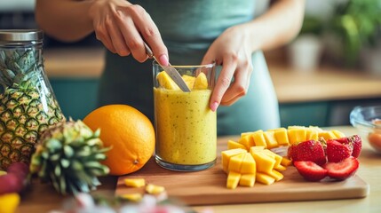 A fit woman chopping fruit for a nutritious smoothie to prepare at home for an organic diet. Close-up of hands of a Caucasian woman in the kitchen, slicing fresh produce for a health drink.