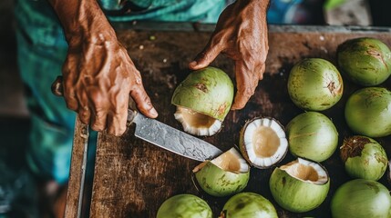 Wall Mural - Top view of a man chopping fresh coconut with a knife for a drink against a backdrop of green coconuts. Young, fresh coconuts are a tropical fruit found in Thailand.