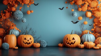 Wall Mural - Spooky Halloween Decorations with Pumpkins and Bats