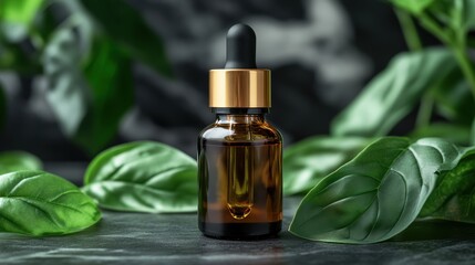 A close-up of basil oil in a dropper bottle, surrounded by basil leaves, with a soft-focus background suggesting a medical and therapeutic use, in a calming, fresh style