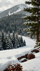 Wall Mural - Charming snowy valley scene with pine cones.