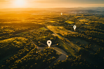aerial view of land is depicted with network markers indicating the planning and connectivity of lan