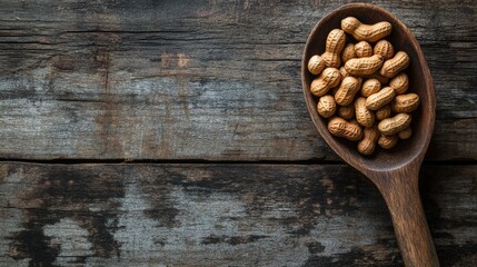 A rustic wooden spoon filled with peanuts sits on a weathered wooden surface. The image is dark and creates a cozy, rural feel.  There's plenty of room for writing.