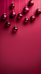 Wall Mural -  Rich burgundy Christmas background with hanging decorations. Christmas ornaments hanging on a deep burgundy background with copy space.
