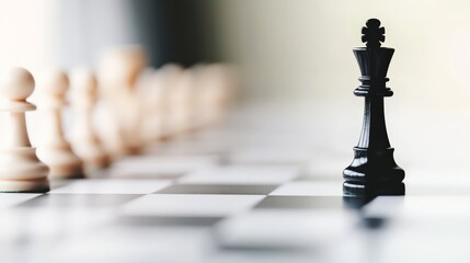 Close-up of chessboard with black king piece in focus and pawns blurred in background, symbolizing leadership and strategy.