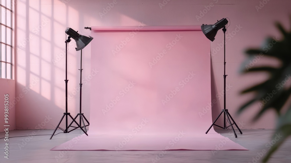 An empty photo studio set up with a pink backdrop and professional ...