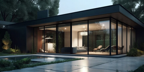 Modern minimalist house with floor-to-ceiling glass walls, sleek black exterior, and a peaceful outdoor area with a reflecting pool, seamlessly blending indoor and outdoor spaces.