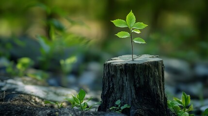 Wall Mural - A small green plant growing from a tree stump in a serene forest setting.