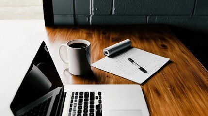 A well-organized desk featuring a laptop, open notepad, and coffee cup, symbolizing productivity, process management, and a clean workspace for efficiency