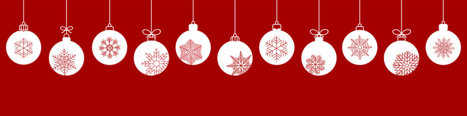Fototapete - Christmas ball with snowflakes line icon.Set of simple christmas balls isolated on red background. Christmas decoration.Christmas and New Year seamless banner or border.