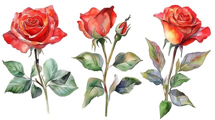 Wall Mural - A watercolor illustration of three red roses with varying stages of bloom and green leaves.