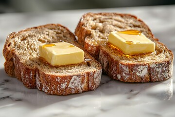 Freshly toasted bread with butter and honey on a marble countertop