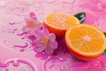 ai generative orange halves with water drop background pink texture