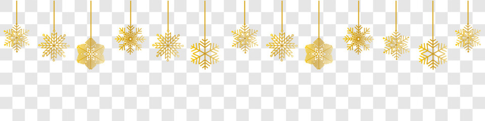 Wall Mural - Snowflake seamless border. Golden glitter background with falling glitter confetti and  snowflakes. Simple hanging golden christmas snowflake seamless border . Christmas background.