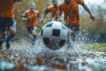 Young players splash through puddles while playing soccer in the rain