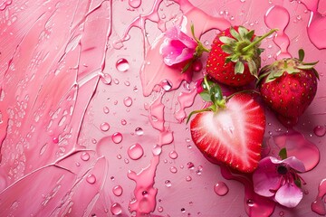 Wall Mural - ai generative strawberry halves with water drop background pink texture