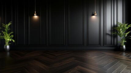 Elegant modern interior with dark walls, wooden floor, and two potted plants under warm lighting. Perfect for design and decor inspiration.