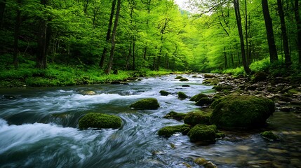 Wall Mural - A serene river flows through a lush green forest, showcasing nature's tranquility and beauty.