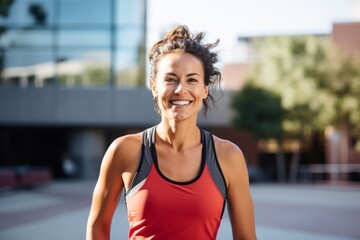 Portrait of a happy woman in her 30s wearing a lightweight running vest over modern university campus background