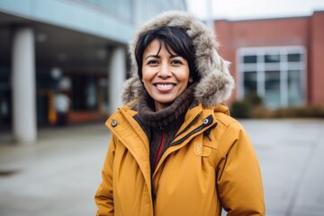 Canvas Print - Portrait of a cheerful indian woman in her 40s wearing a warm parka over modern university campus background