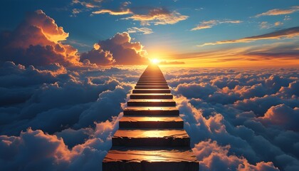 Surreal Dreamscape of a Ladder Reaching Clouds in a Dawn Sky, Symbolizing Ascendancy, Hope, and Imagination