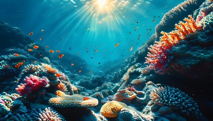 Wall Mural - Serene Sunlit Tropical Underwater Wonderland with Vibrant Coral Reefs and Colorful Fish in a Clear Tranquil Ocean Environment