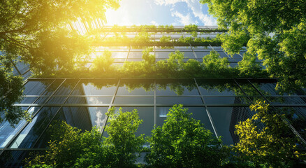 Green building concept, eco-friendly architecture with trees growing on the facade of a modern office skyscraper in the city. Green living and energy-efficient technology.