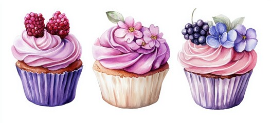 Wall Mural - Cupcakes set. Cupcakes with pink and purple frosting, a watercolor illustration on a white background. Hand-drawn cupcakes in different shapes with flower decorations. 