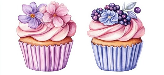 Wall Mural - Cupcakes set. Cupcakes with pink and purple frosting, a watercolor illustration on a white background. Hand-drawn cupcakes in different shapes with flower decorations. 