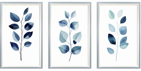  Set of 3-piece watercolor botanical leaf wall art in indigo blue on a white background. 