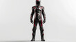 © Another Galaxy - Futuristic motorcycle rider in black and red armored suit, standing confidently in front view, isolated on white background