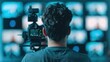 © Vilaysack - Back view of a man recording video content using a professional camera in front of multiple monitors in a blue-lit studio setup.