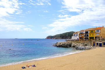 Calella de Palafrugell: view to the beaches and coast, beautiful white historic houses at the Mediterranean Sea, Costa Brava, Girona, Catalonia, Spain	