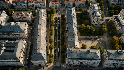 Drone shot of Strausberger Platz in Berlin, highlighting urban architecture.