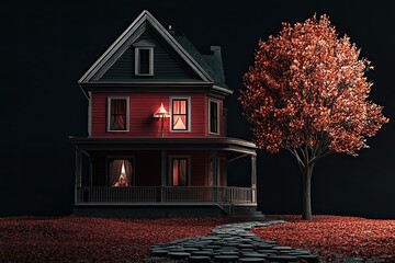 luxury classic dark red two storey house with large triangle, dry leafless tree, elegant classic lamp and stack stones floor isolated on dark background 