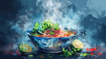 A steaming bowl of noodles with fresh herbs and lime slices, a delicious and aromatic Asian cuisine.