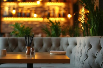 Wall Mural - Empty Table Setting with Wooden Table, Napkin, and Stirrers in a Restaurant