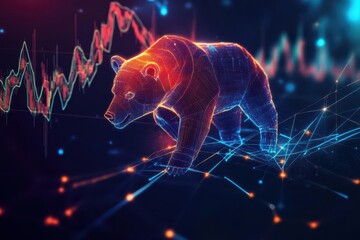 Bear plunging into a vibrant abstract graph with broken lines and glowing elements, space for text, bear market drop, vivid finance concept