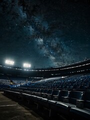 Empty stadium under a starry sky with bright lights.