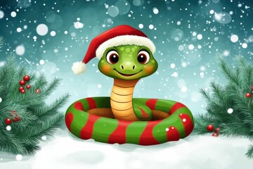 A snake in red and green stripes, twisted into a ring, in a Christmas hat on the background of a winter landscape.